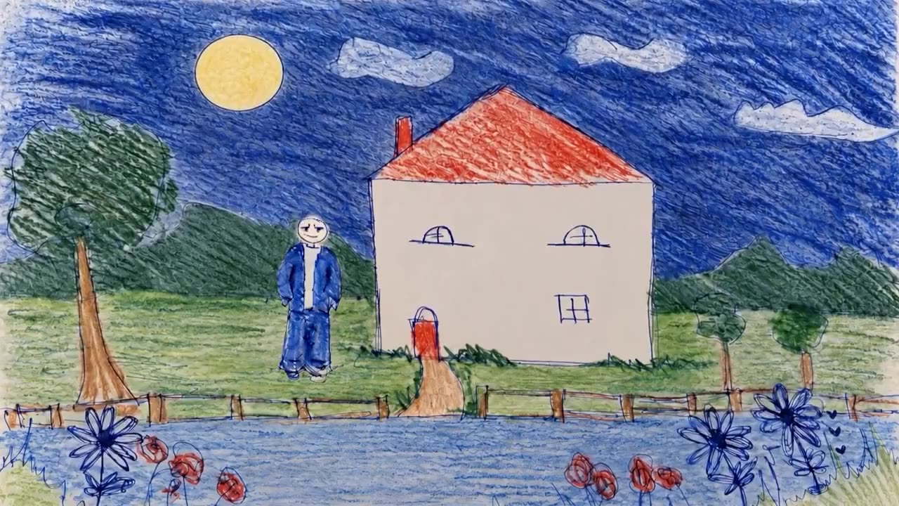 A crayon drawing: a person in a denim jacket stands beside a house with a red roof, trees, hills and the sun.