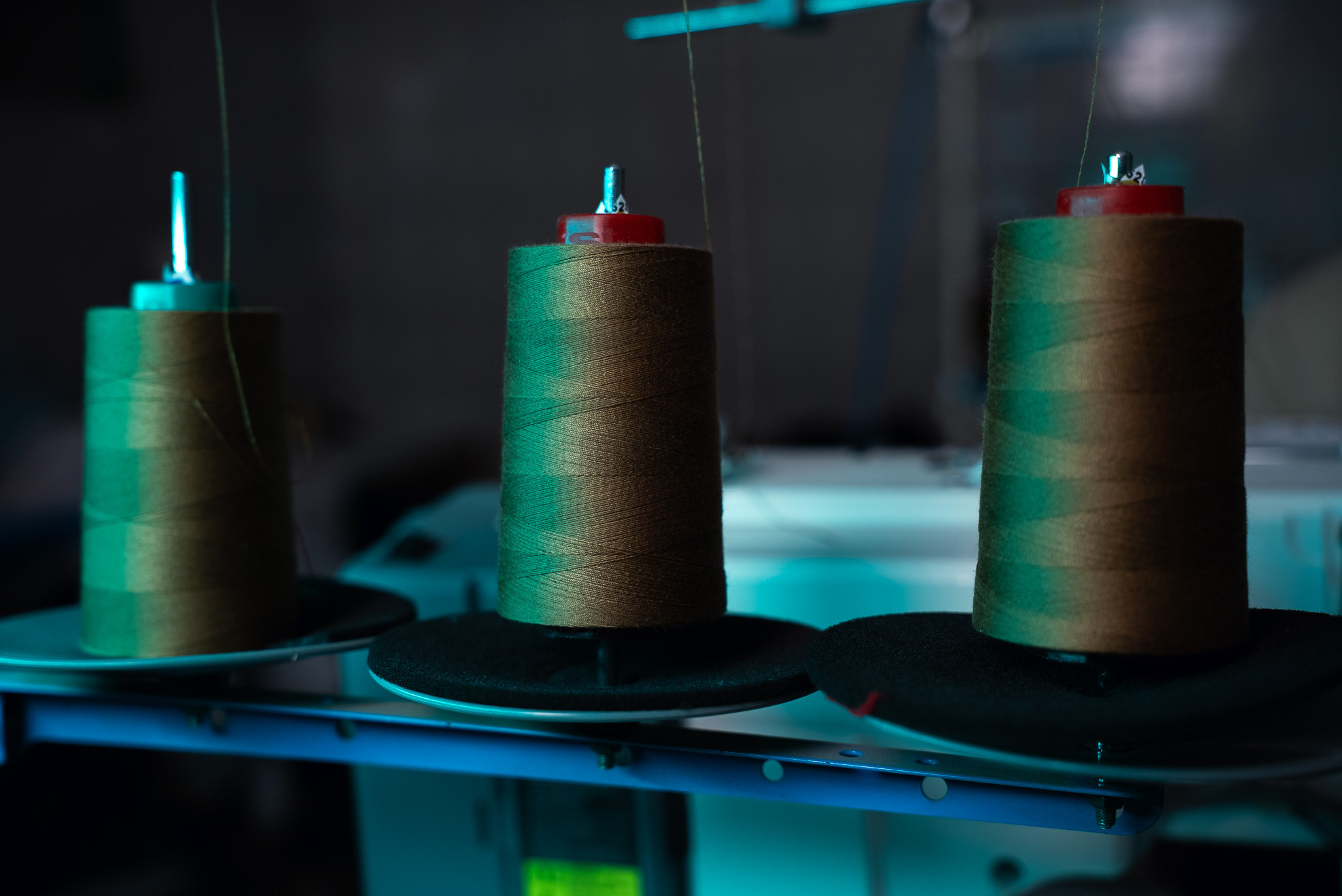 Three cones of amber thread, waiting.
